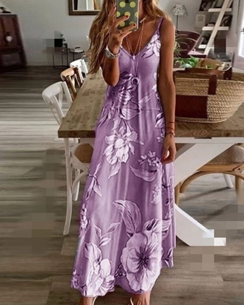 

Floral Print V-Neck Casual Cami Dress, Purple