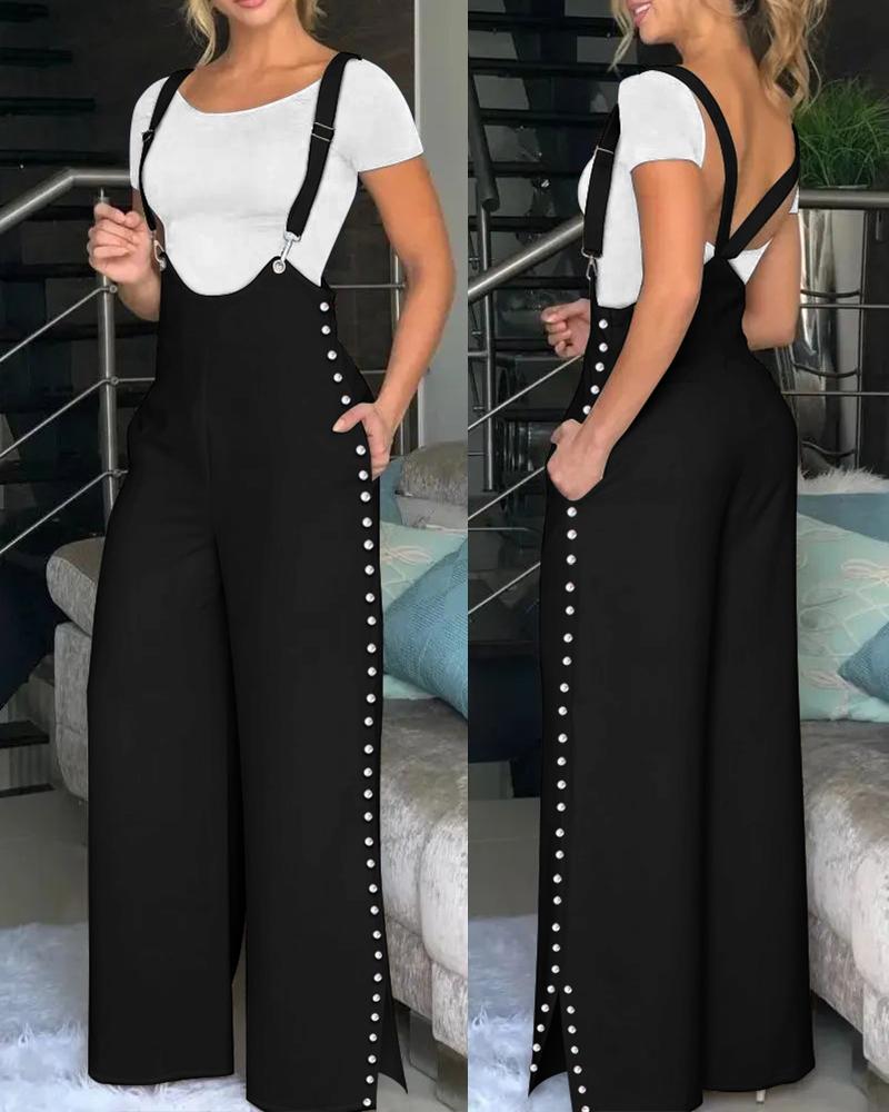 

Beaded Decor Split Hem Wide Leg Suspender Jumpsuit, Black