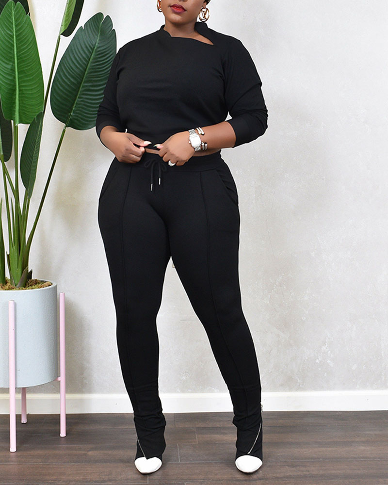 

Plus Size Zipper Detail Top & Drawstring Pants Set, Black
