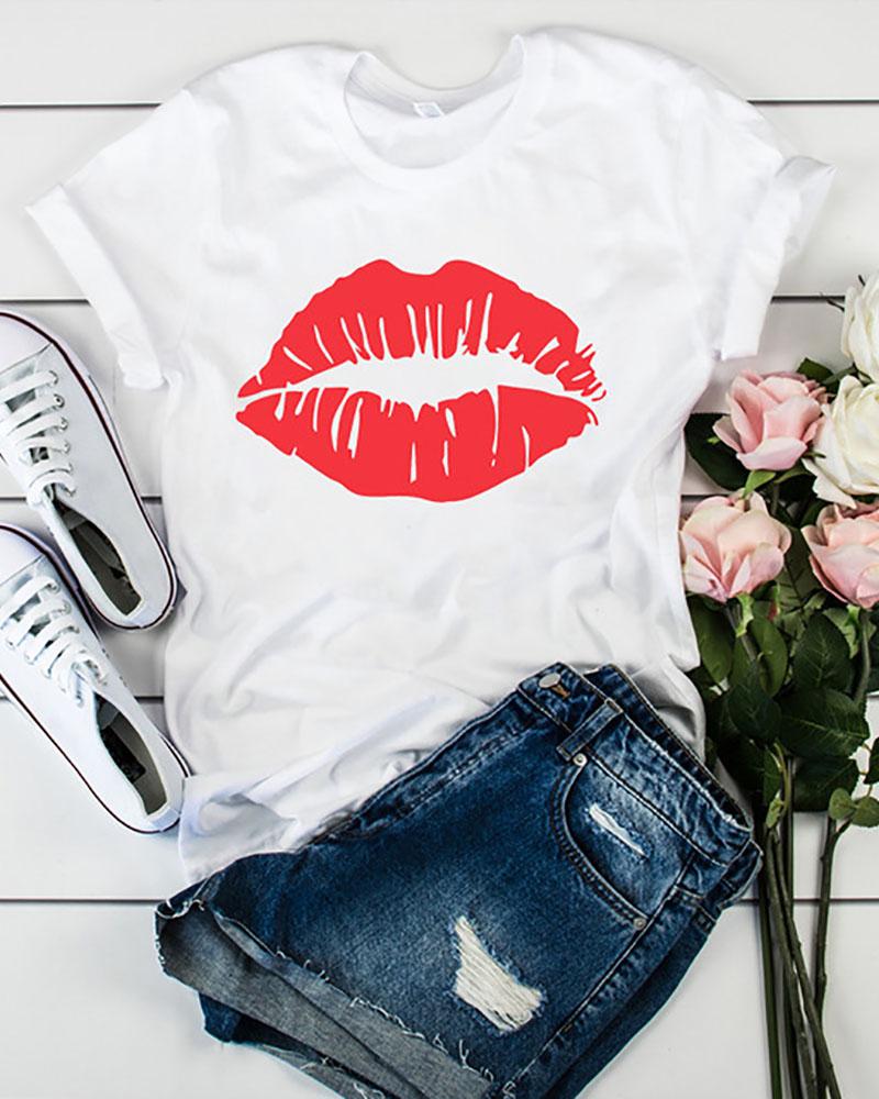 

Lip Letter Print Short Sleeve O Neck Leisure T-shirt, Style3
