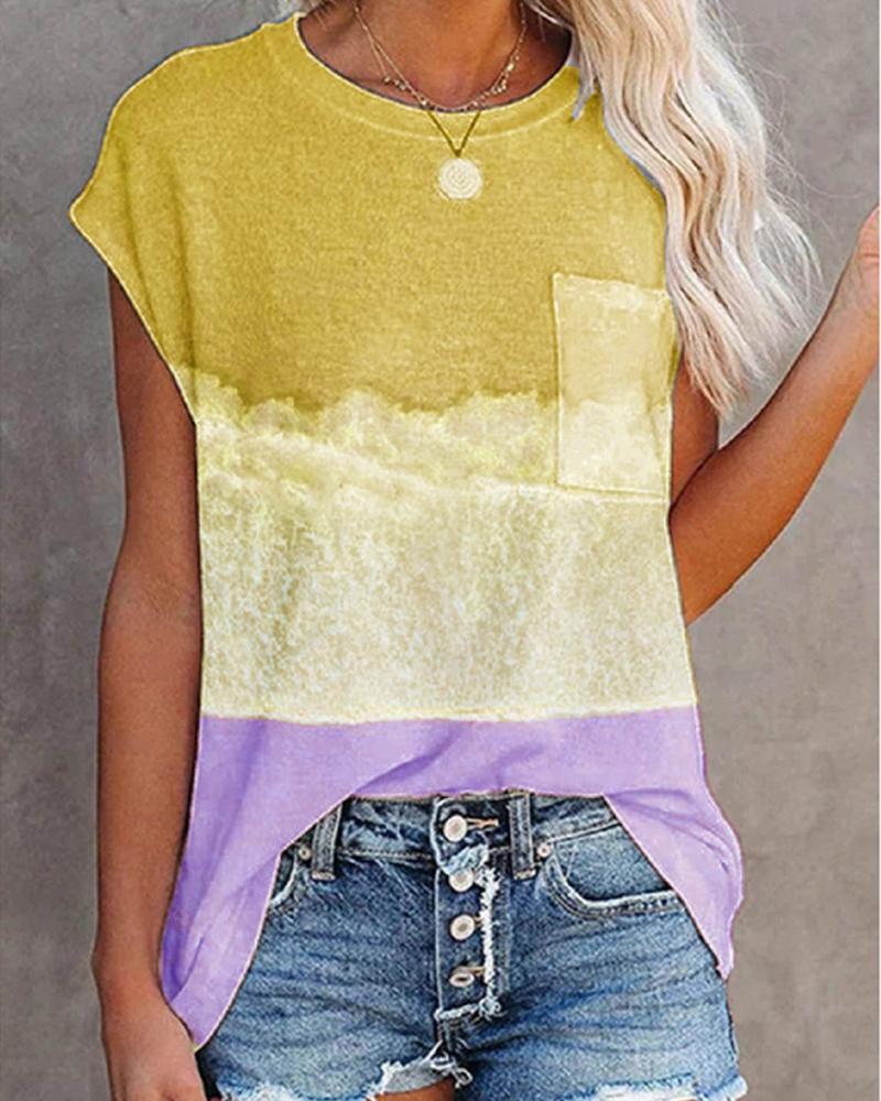 

Round Neck Short Sleeve Landscape Print T-shirt, Yellow