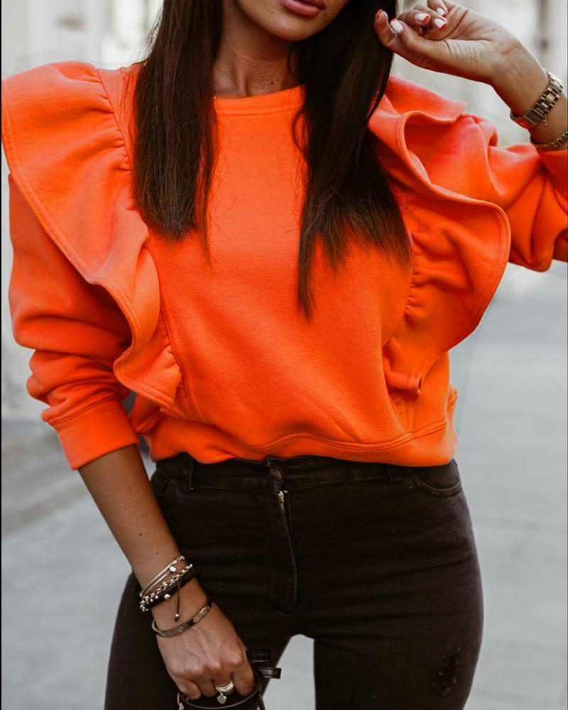 

Long Sleeve Ruffle Hem Sweatshirt, Orange