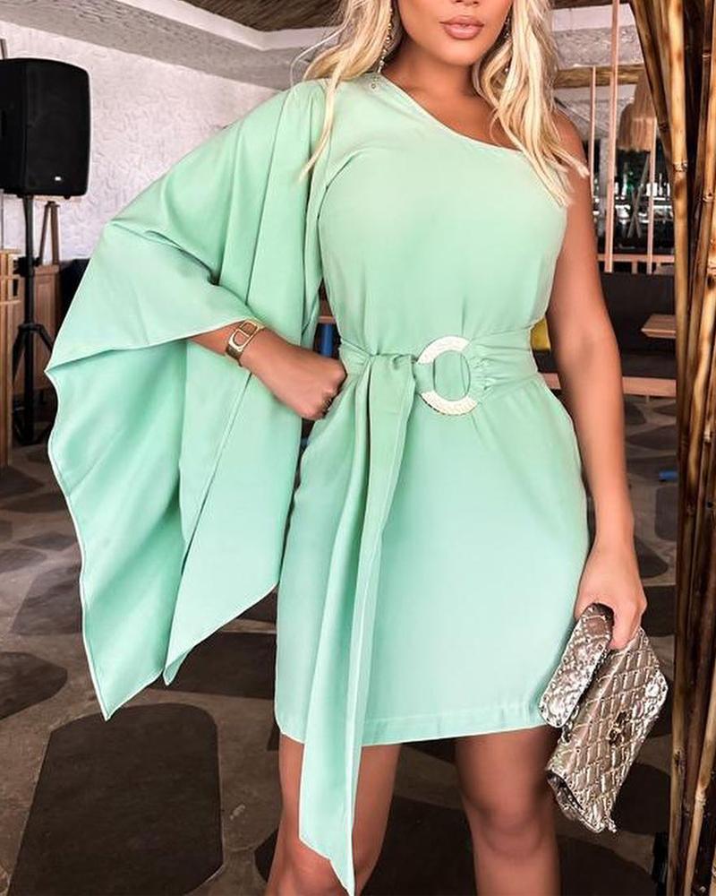 

One Shoulder Bell Sleeve Mini Dress, Light green