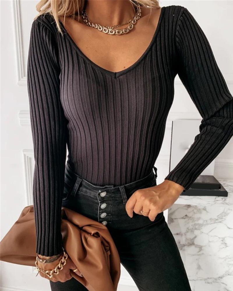 

V Neck Long Sleeve Ribbed Top, Black