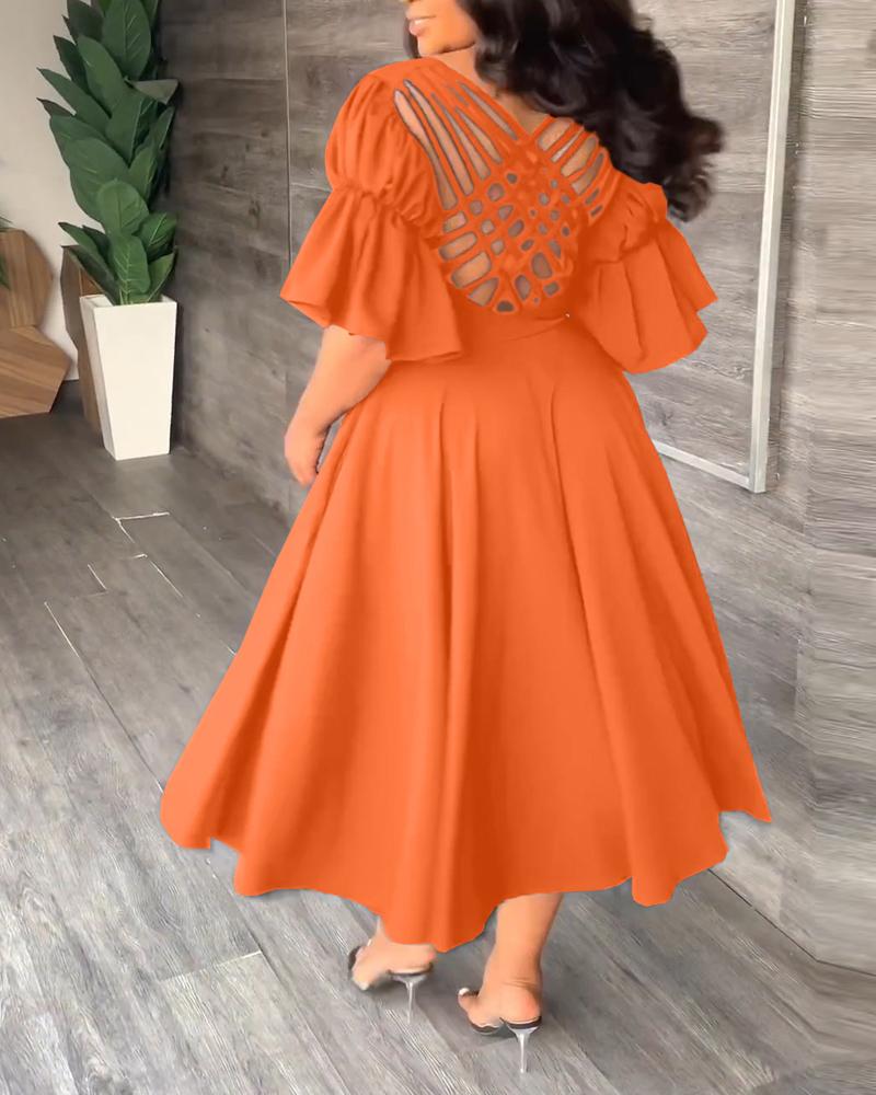 

Crisscross Backless Split Thigh Bell Sleeve Work Dress, Orange