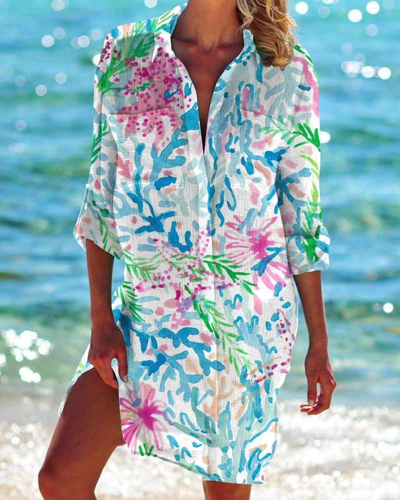 

Plants Print Pocket Design Vacation Top, Multicolor