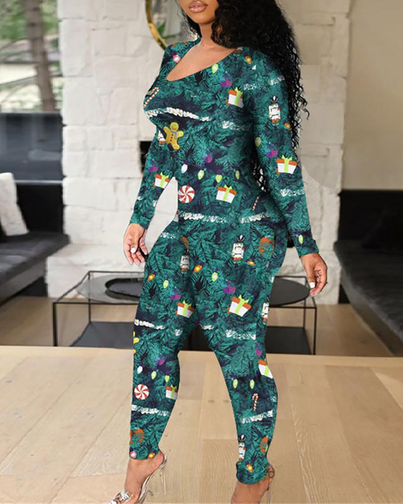 

Christmas Graphic Plants Print Cutout Long Sleeve Onesie, Style3