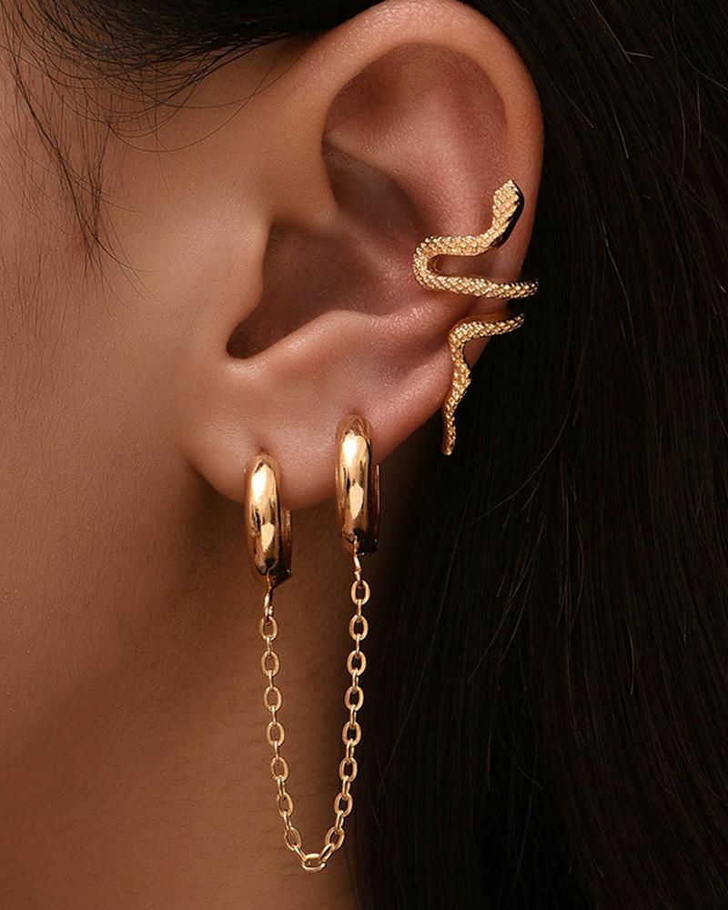 

2pcs Chain Link Hoop Earrings & Snake-Shaped Ear Climber Set, Gold