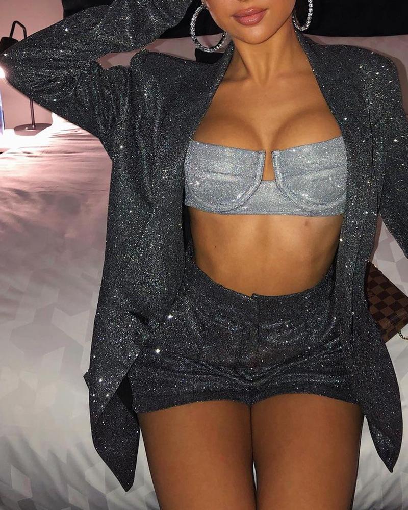 

Metallic Long Sleeve Blazer Coat & Short Set, Black