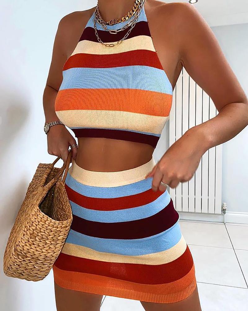 

Striped Print Knit Halter Crop Top & Skirt Sets, Multicolor