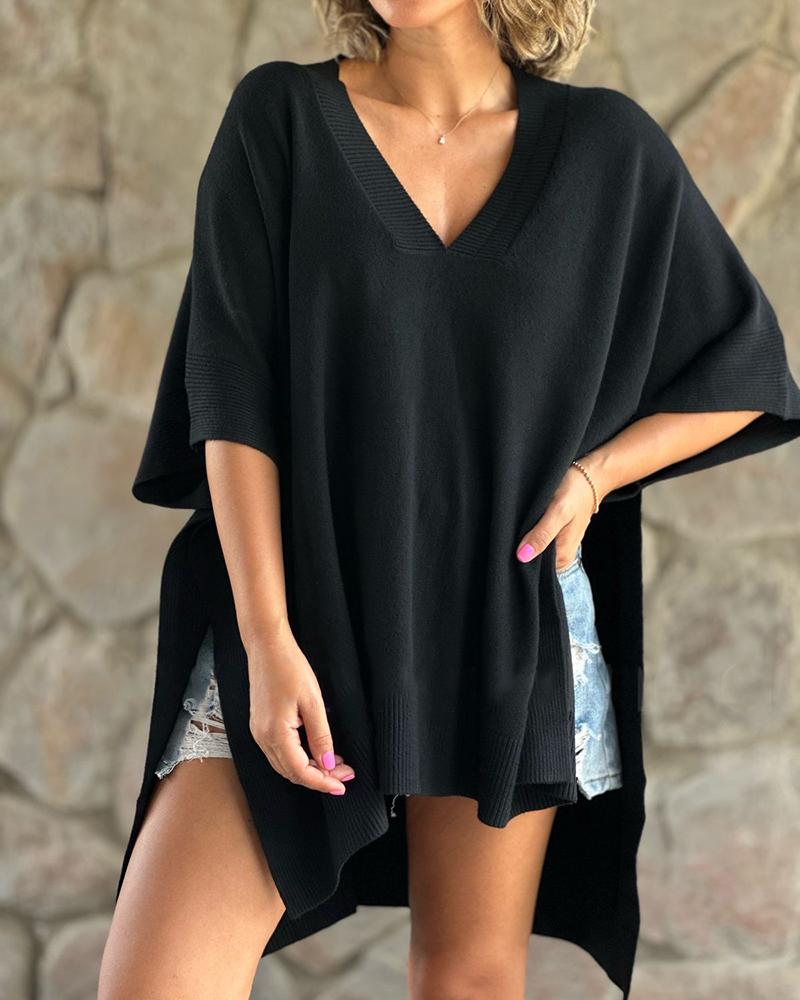 

Batwing Sleeve Slit Dip Hem Sweater, Black