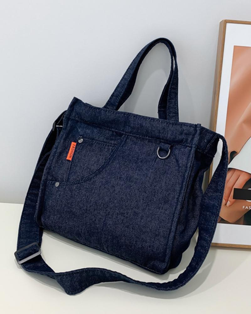 

Pocket Decor Casual Denim Tote Bag, Dark blue