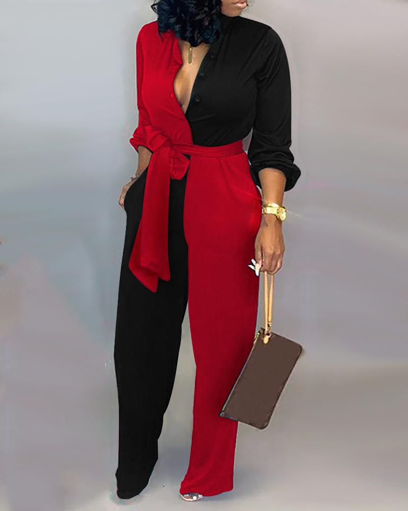 

Colorblock Long Sleeve Knotted Jumpsuit, Red