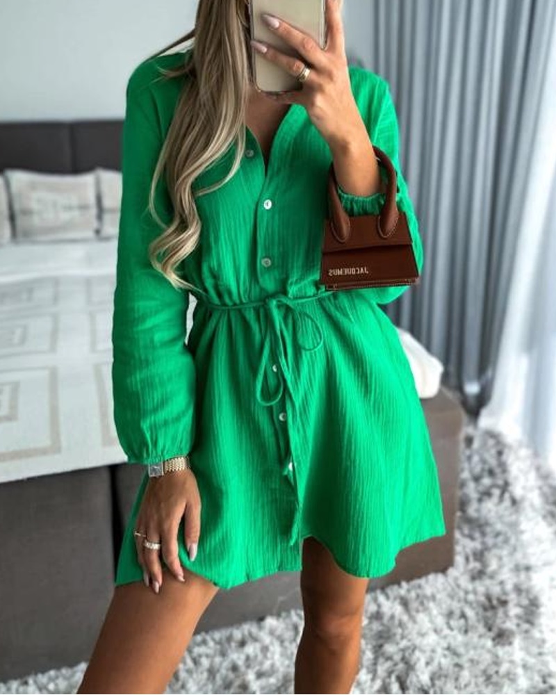 

Long Sleeve Button Down Shirt Dress, Green