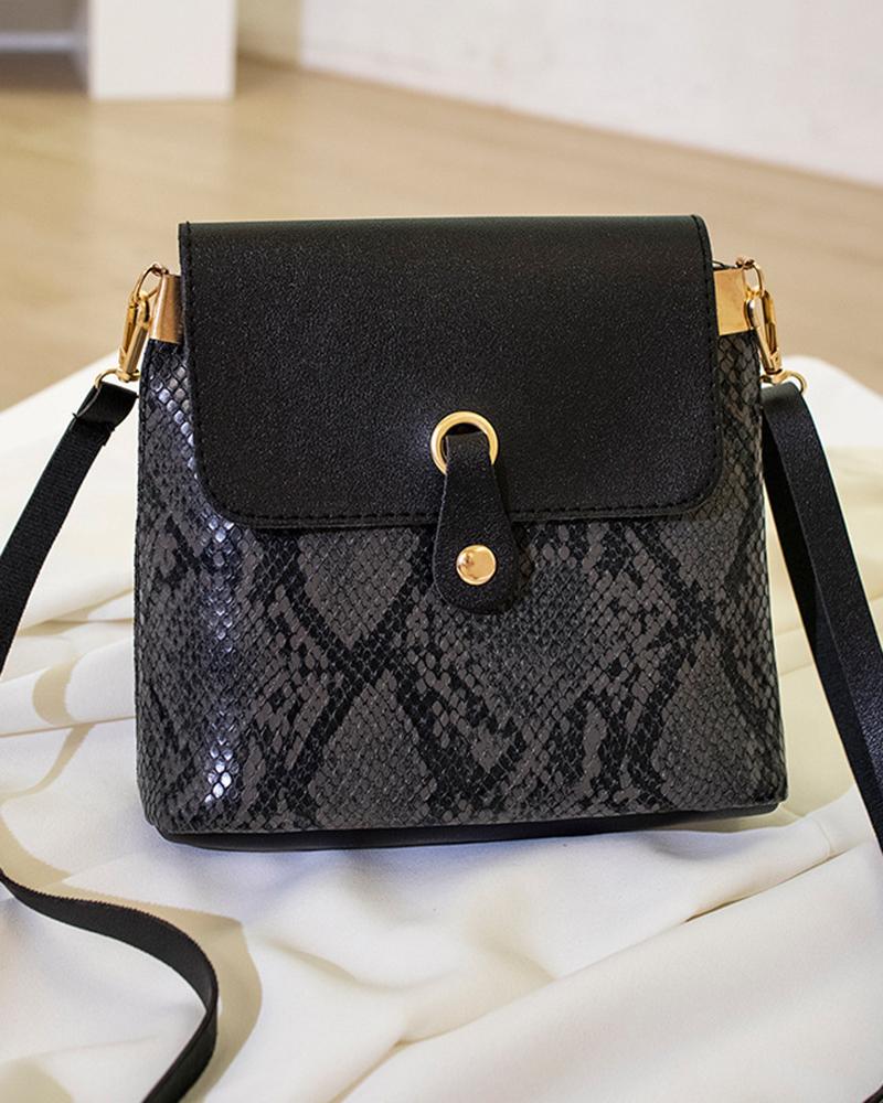

Snakeskin Square Bucket Shoulder Bag, Black