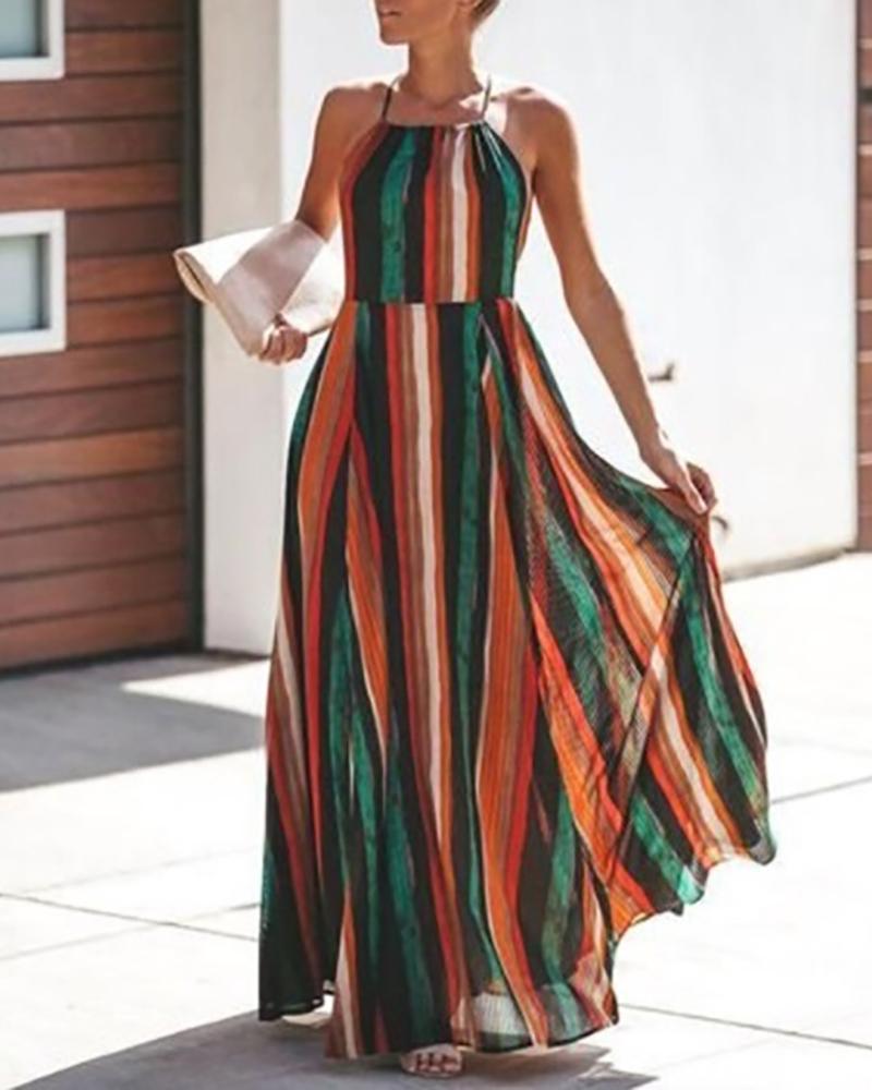 

Halter Tied Detail Backless Striped Print Maxi Dress, Multicolor