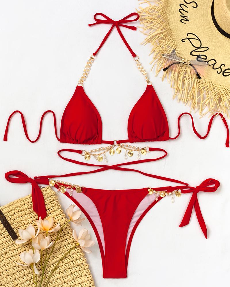 

Pearls Rhinestone Strap Tied Detail Bikini Set, Red