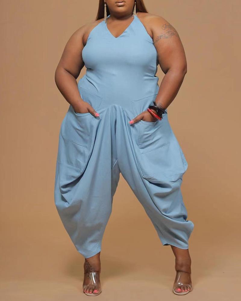 

Plus Size Plain Pocket Design Halter Harem Jumpsuit, Light blue