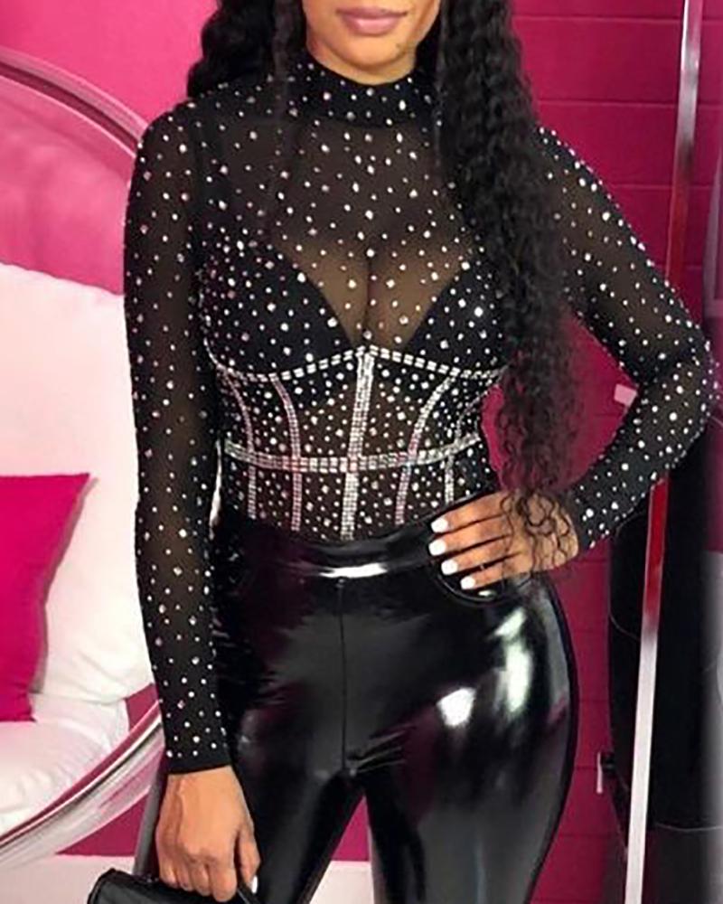 

Long Sleeve Studded Sheer Mesh Skinny Bodysuit, Black