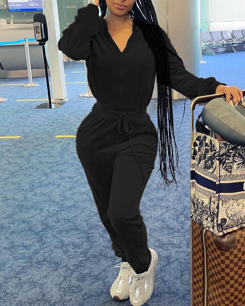 

Zipper Design Drawstring Long Sleeve Jumpsuit, Black