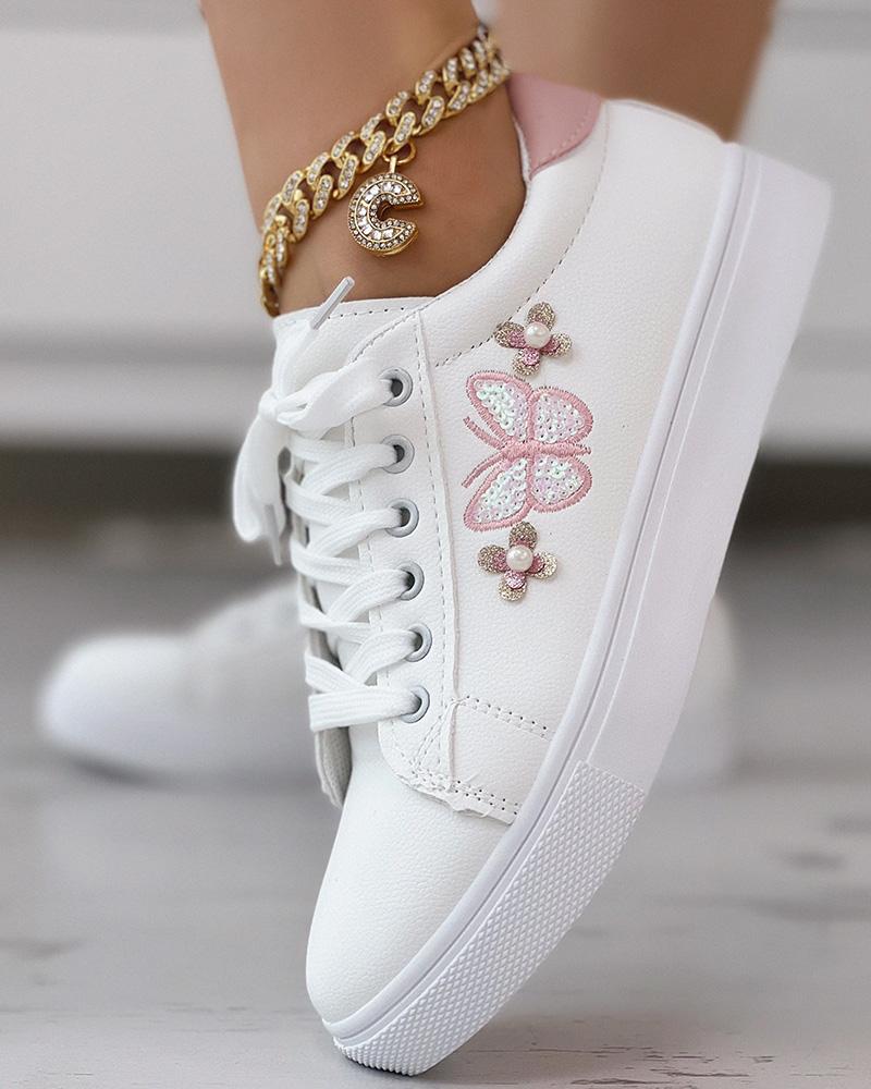 

Butterfly Pattern Lace-up Sneakers, White&pink