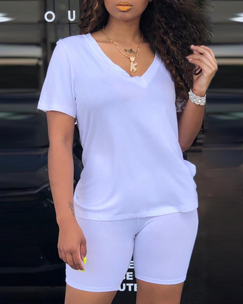 

V-Neck Short Sleeve Casual Top & Shorts Set, White