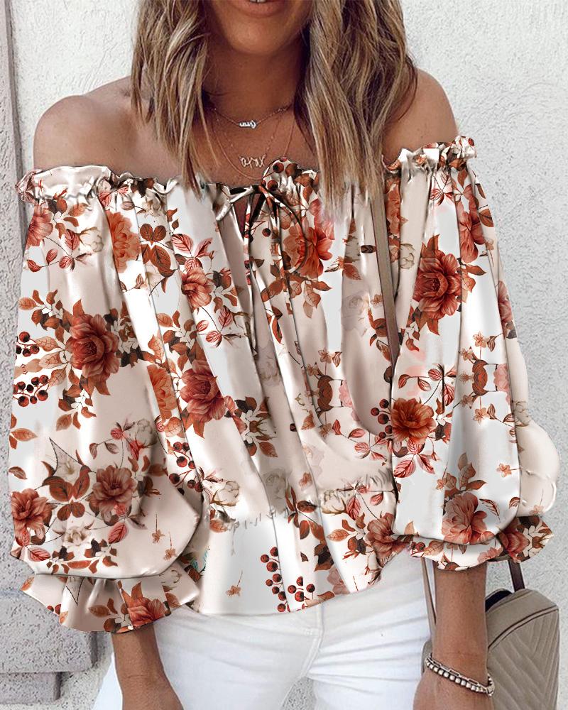 

Off Shoulder Floral Print Lantern Sleeve Top, Brown