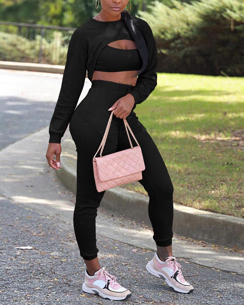 

3PCS Ribbed Tank Top & Pants Set With Super Crop Top, Black