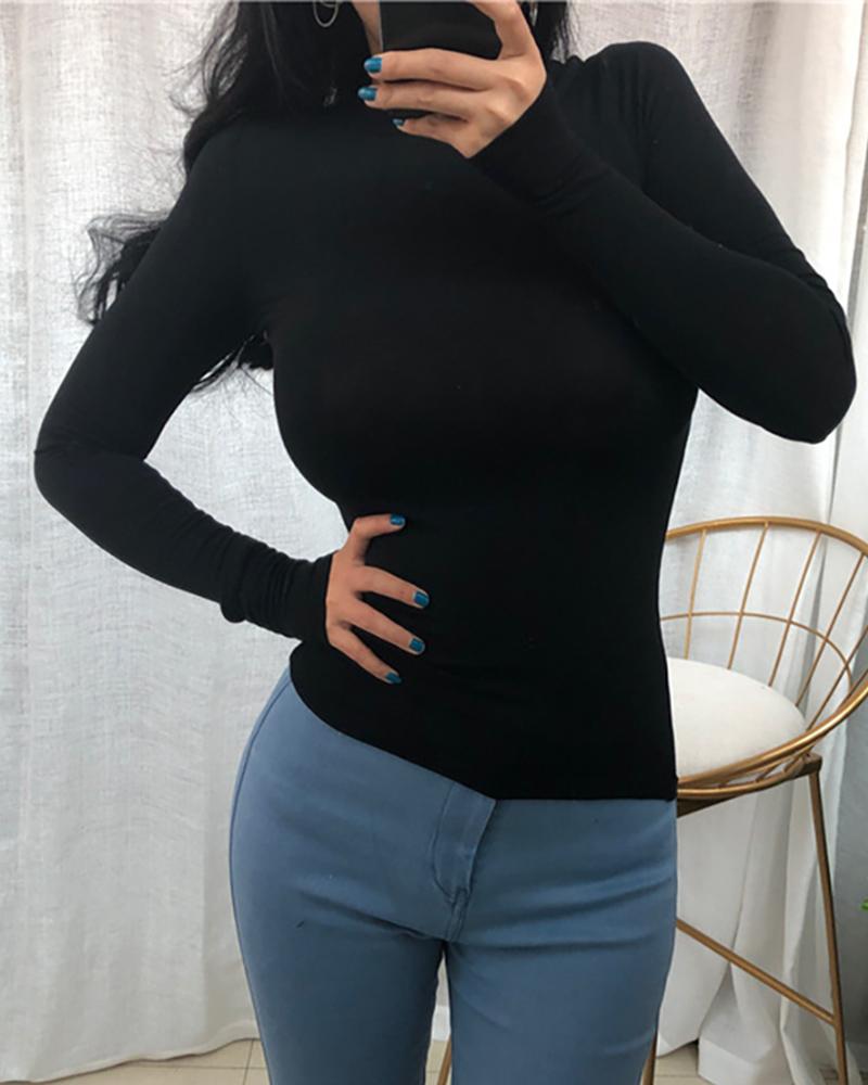 

Solid Long Sleeve Round Neck T-shirt, Black