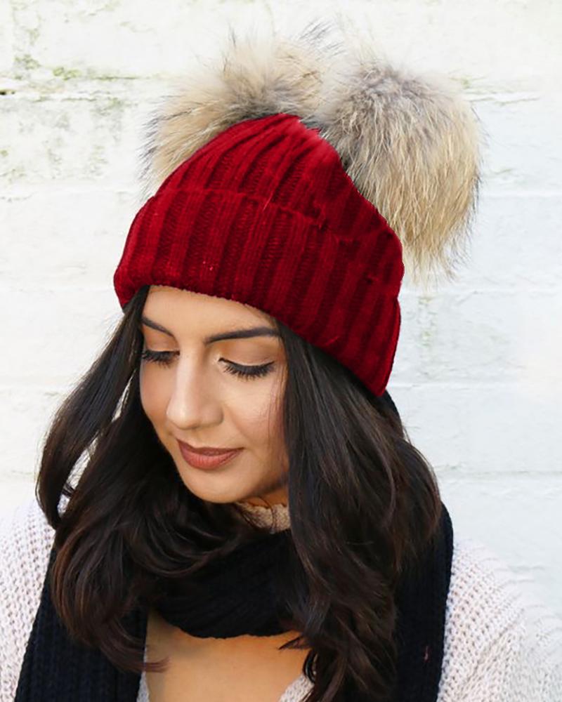 

Double Pom Pom Knit Cuffed Beanie, Red