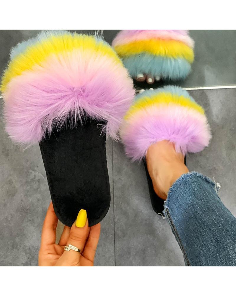 

Multicolor Fur Upper Flat Sndals, Yellow