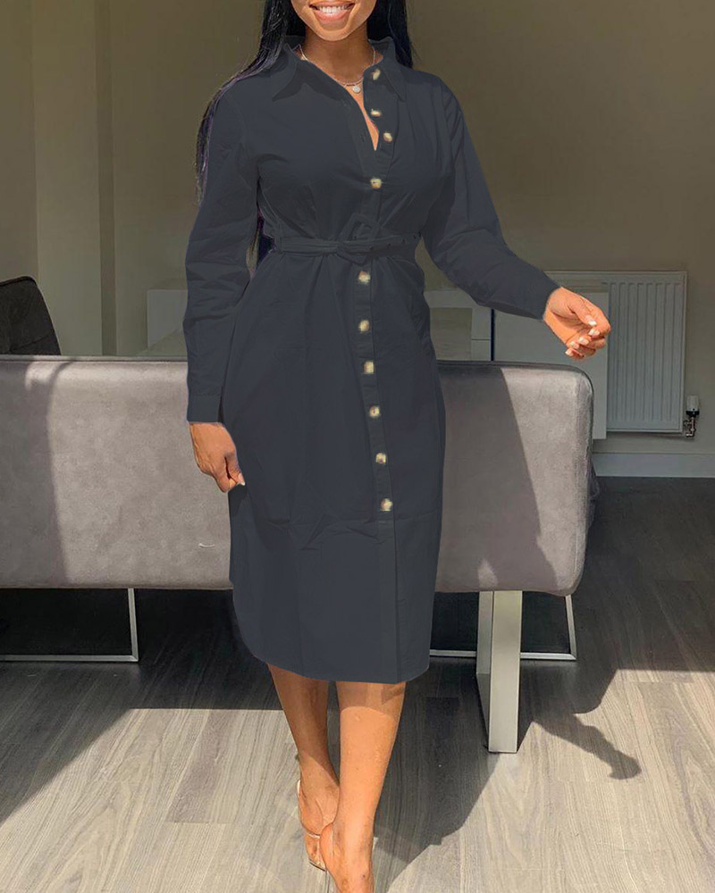 

Long Sleeve Buttoned Ruched Shirt Dress, Black