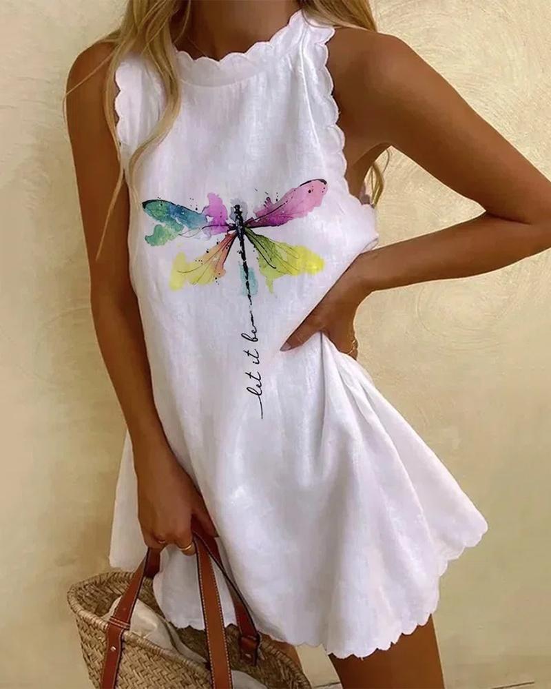 

Scallop Trim Dragonfly Print Tank Dress, White