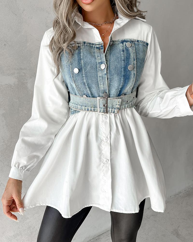 

Denim Patchwork Belted Buttoned Shirt, White