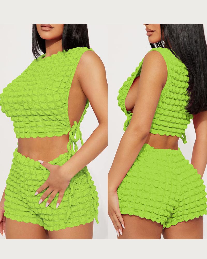 

Bubble Textured Tied Detail Crop Top & Shorts Set, Green