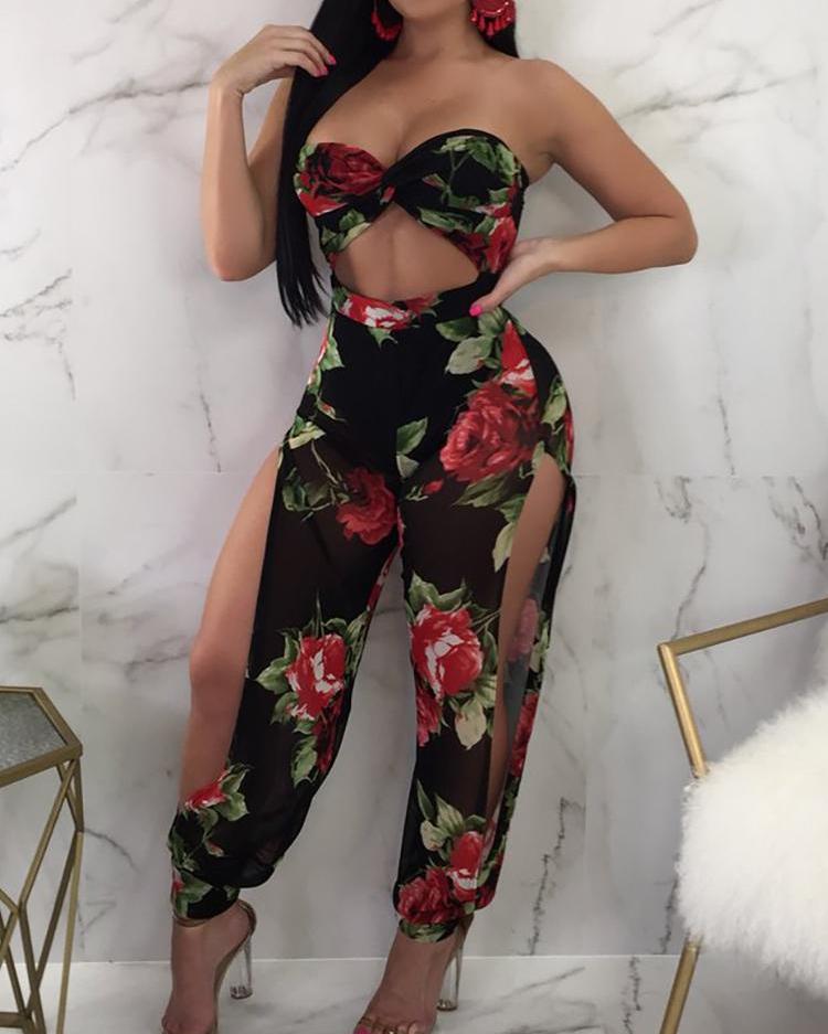 

Floral Print Twist Front Cutout Slit Leg Jumpsuits, Black