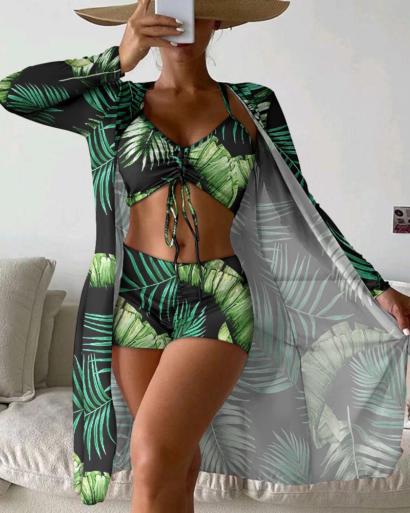 

3PCS Tropical Print Drawstring Bikini Set With Cover Up, Black