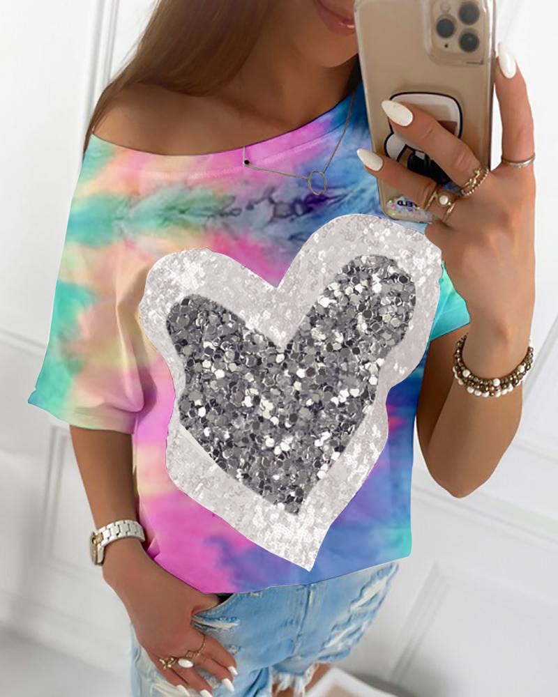

Tie Dye Print Heart Sequins T-shirt, Multicolor