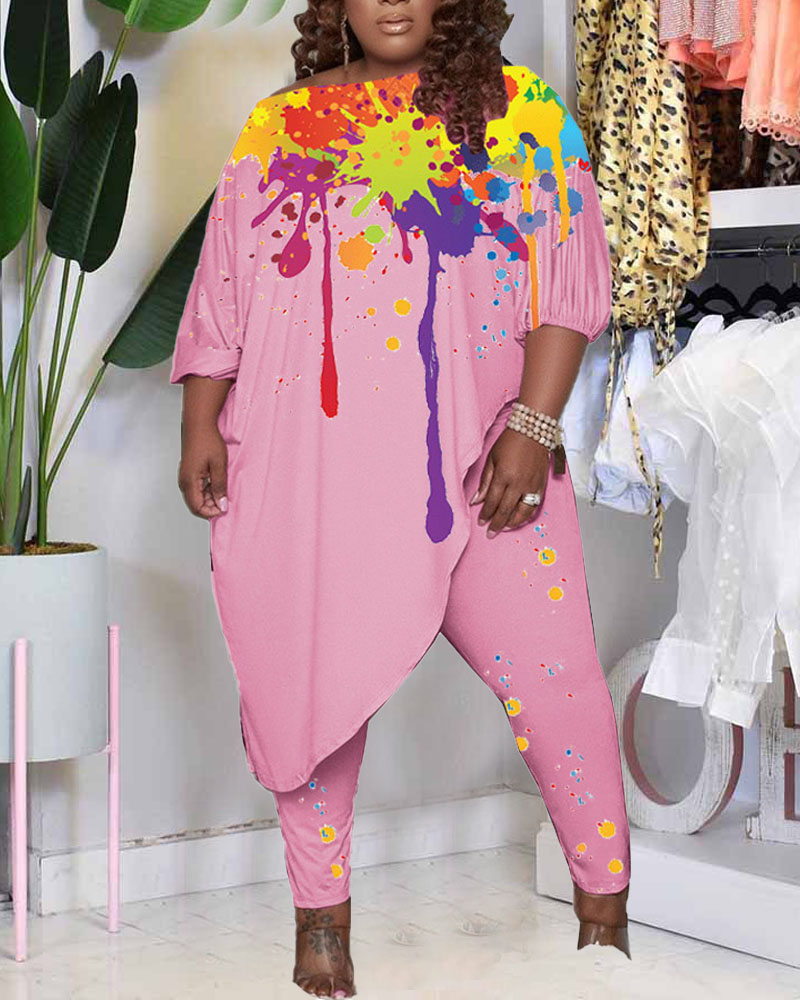 

Plus Size Ink Splash Print Asymmetrical Top & Pants Set, Pink