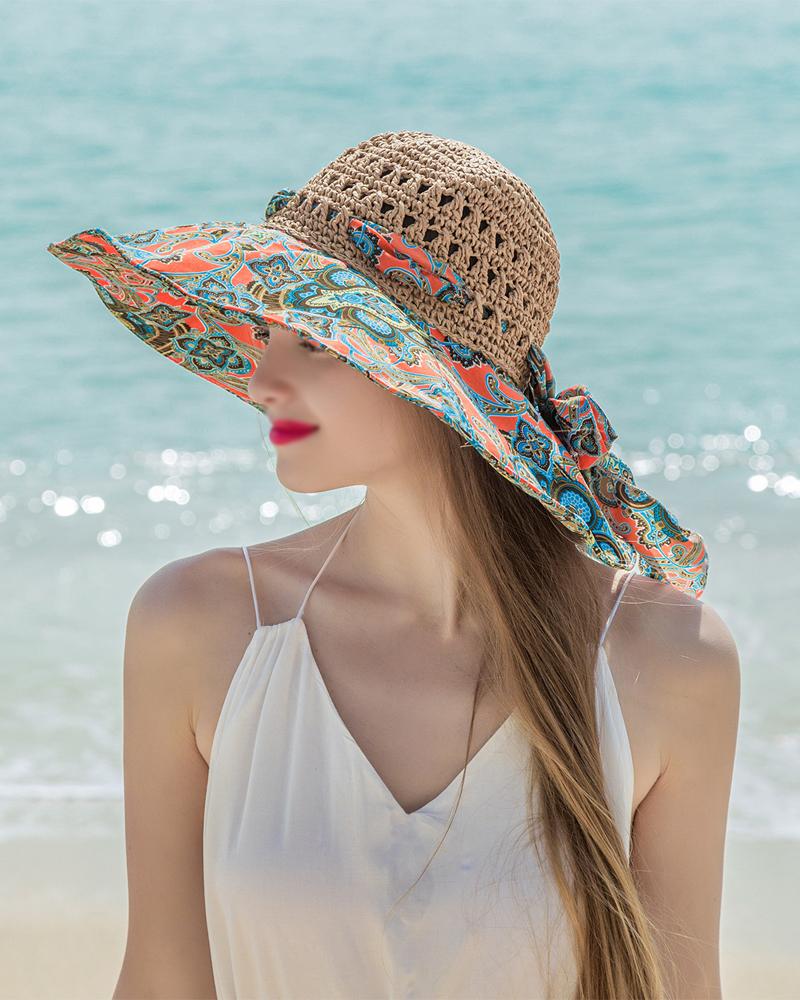 

Tribal Print Bow Decor Straw Hat, Blue