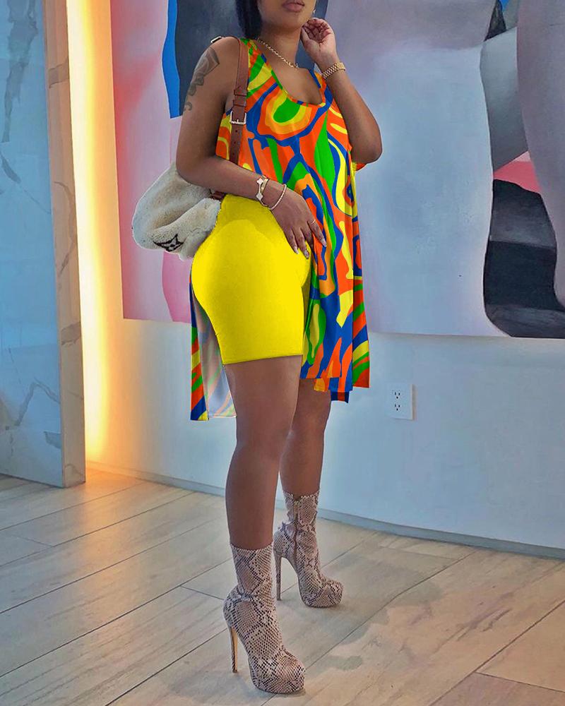 

Multi-Color Abstract Print Slit Tank Top & Shorts Set, Yellow