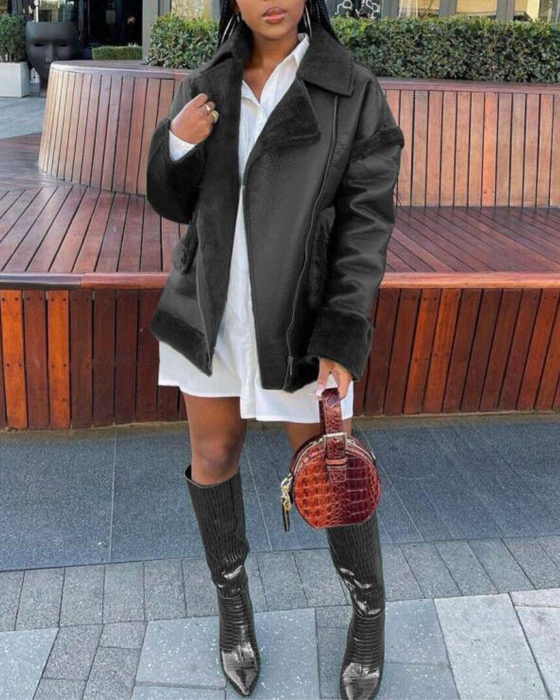 

Zipper Front Fuzzy Detail PU Leather Puffer Coat, Black