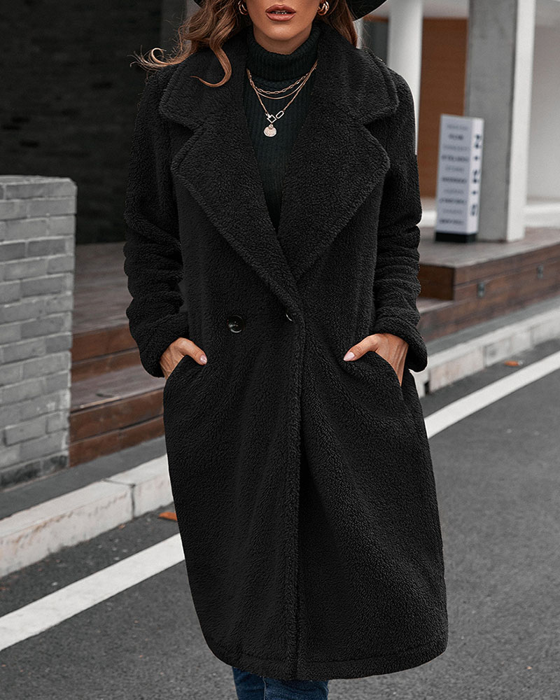 

Pocket Button Design Long Sleeve Teddy Coat, Black