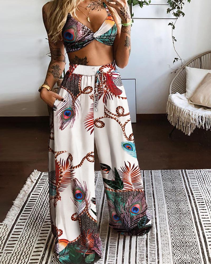 

Twisted Front Peacock Print Crop Top & Drawstring Wide Leg Pants Set, Multicolor