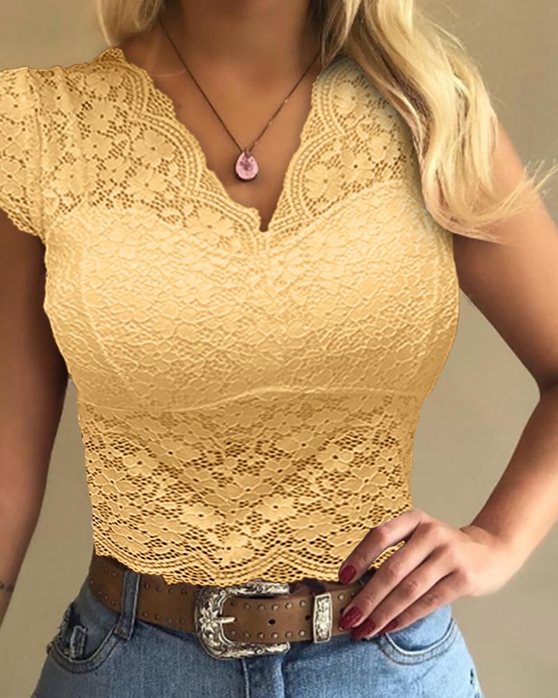 

Solid Lace Cut-out Short Sleeve T-shirts, Yellow