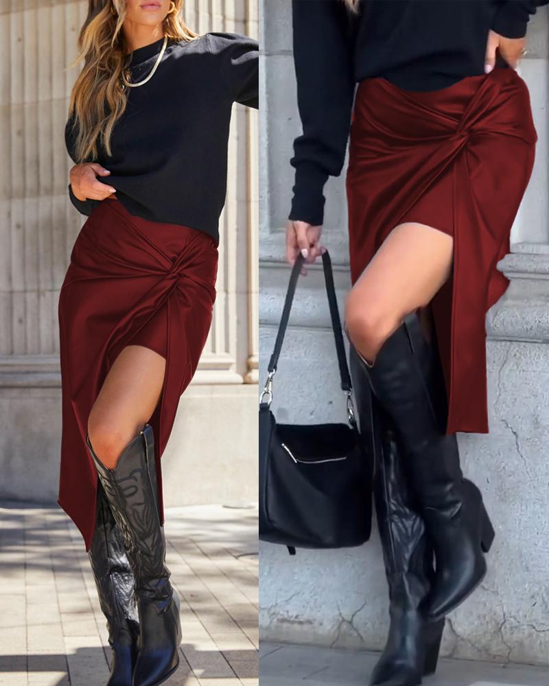 

Twisted Slit PU Leather Asymmetrical Skirt, Wine red