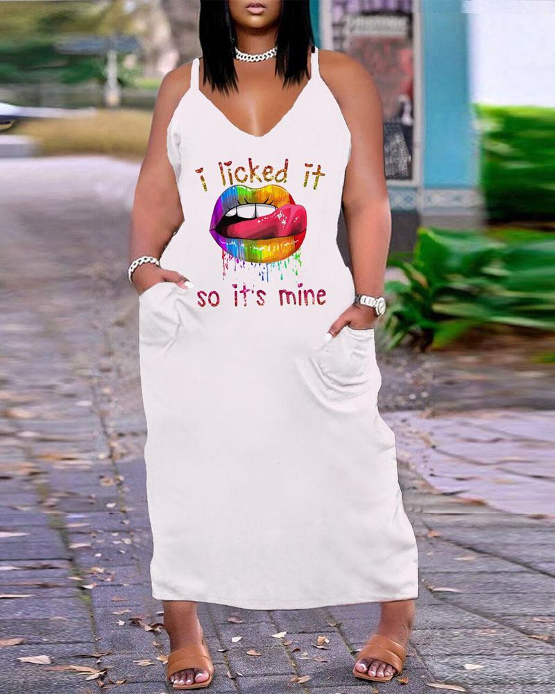 

Plus Size Lip Letter Print Pocket Detail Maxi Dress, White