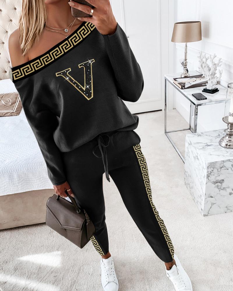 

Geo Tape Patch Rhinestone Decor Top & Drawstring Pants Set, Black