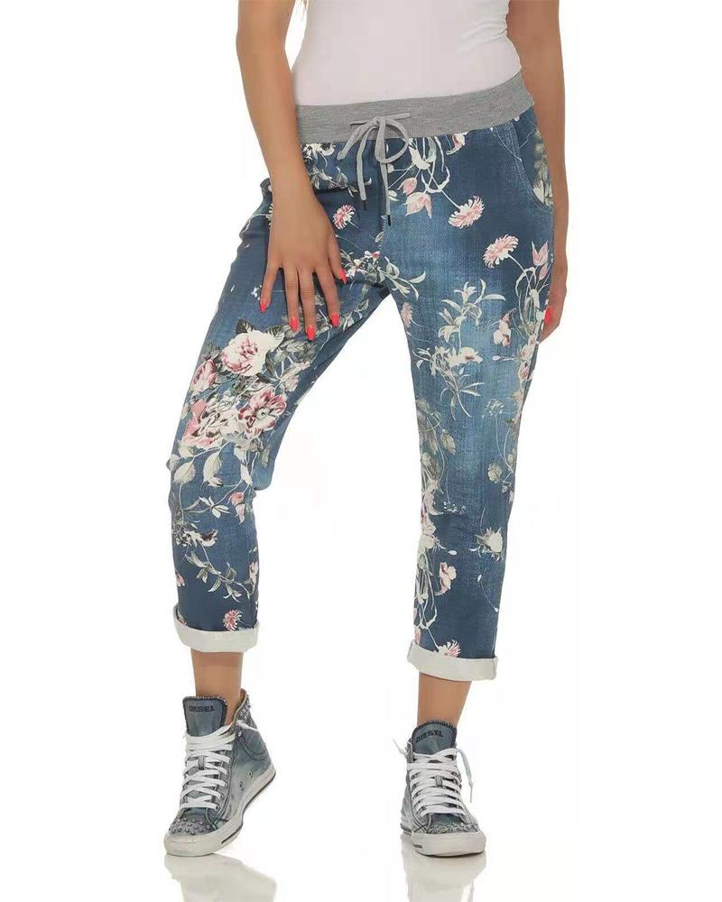

Floral Print Pocket Design Drawstring Jeans, Blue