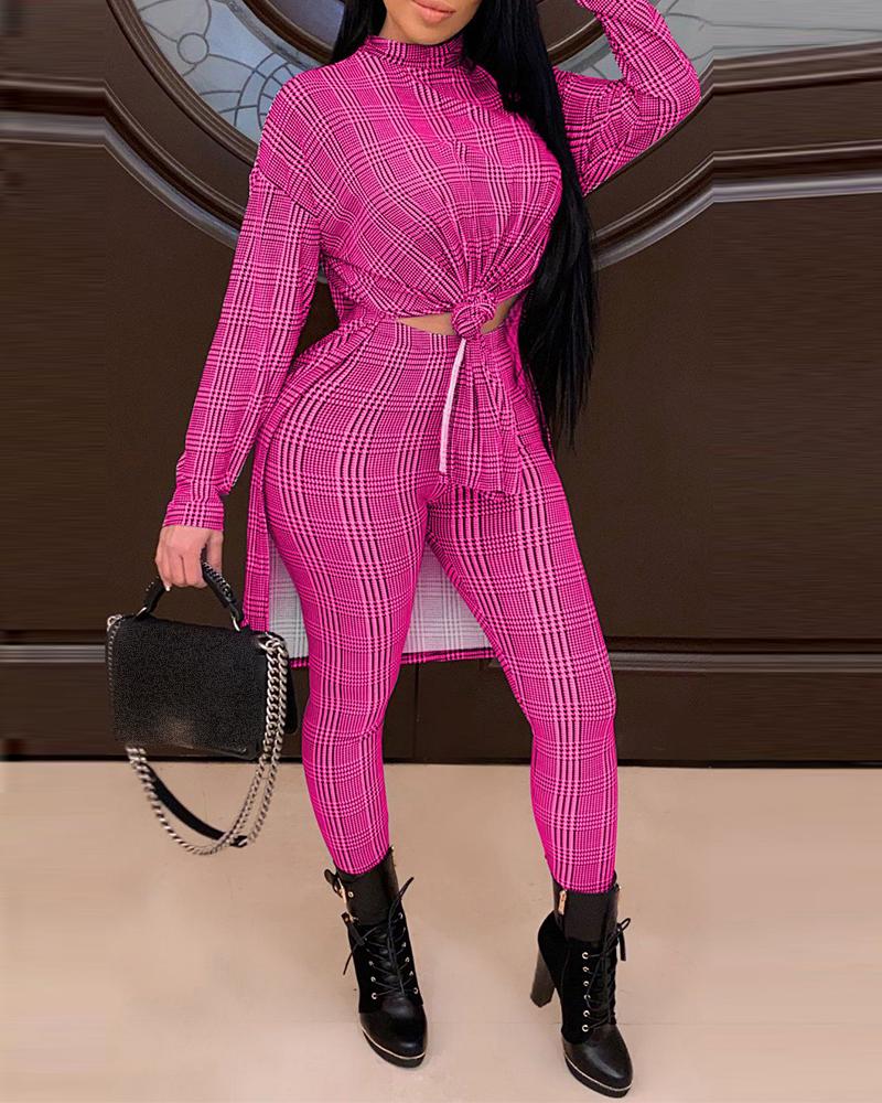 

Houndstooth Slit Top & High Waist Pants Set, Hot pink